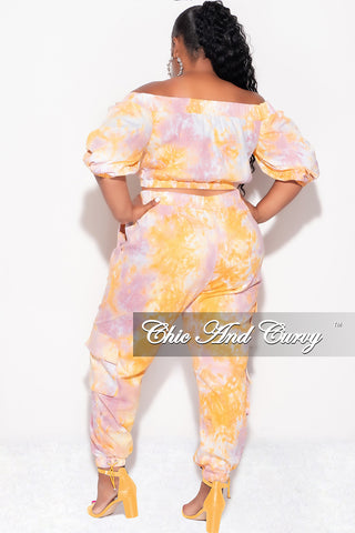 Final Sale Plus Size 2pc Off the Shoulder Crop Top & Cargo Pants in Pink & Orange