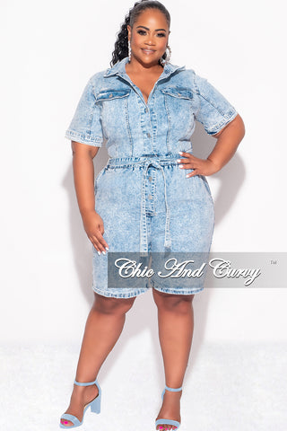 Final Sale Plus Size Collar Button Up Romper in Light Acid Wash