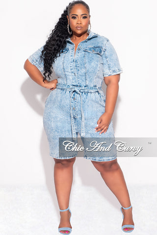 Final Sale Plus Size Collar Button Up Romper in Light Acid Wash