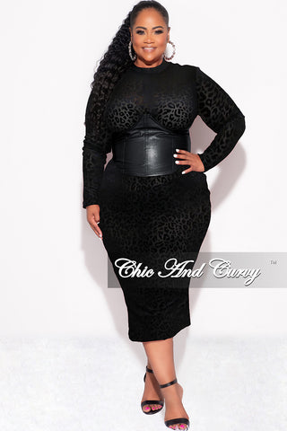 Final Sale Plus Size Sheer Mesh Dress with Faux Leather Corset Waist Midi in Black