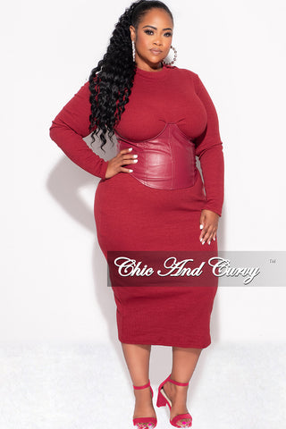 Final Sale Plus Size Thick Knit Sweater Dress with Faux Leather Corset Waist Midi Dress in Burgundy