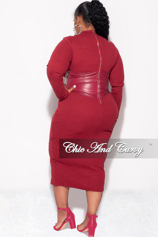 Final Sale Plus Size Thick Knit Sweater Dress with Faux Leather Corset Waist Midi Dress in Burgundy