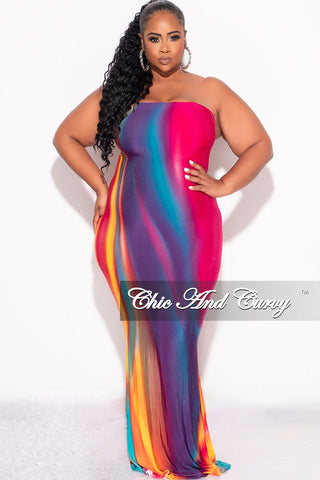 Final Sale Plus Size Strapless Mermaid Maxi Dress in Fuchsia Multi-Color Print