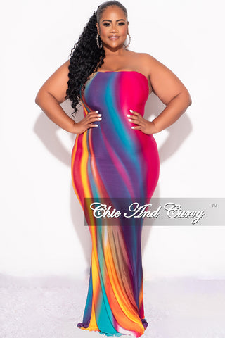 Final Sale Plus Size Strapless Mermaid Maxi Dress in Fuchsia Multi-Color Print