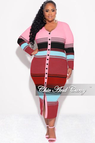 Final Sale Plus Size Button Up Midi Dress in Pink Multi Color Stripe Print