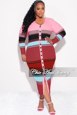 Final Sale Plus Size Button Up Midi Dress in Pink Multi Color Stripe Print