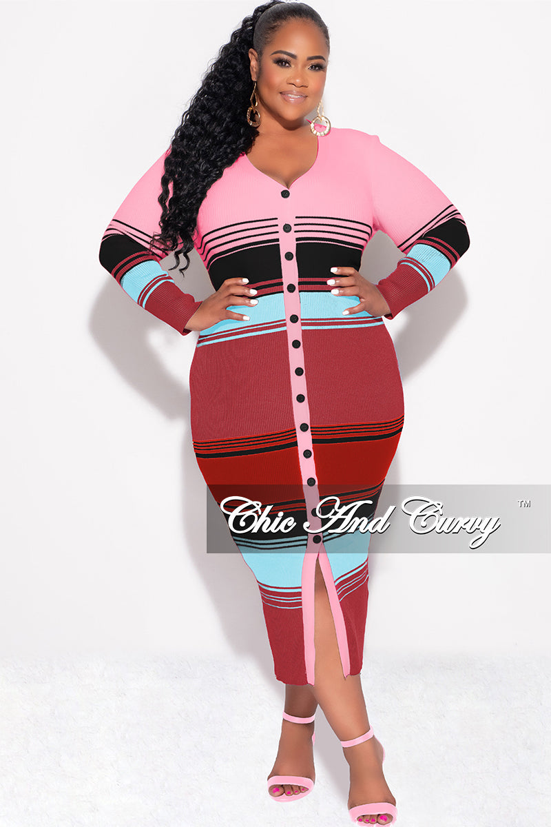 Final Sale Plus Size Button Up Midi Dress in Pink Multi Color Stripe P – Chic And Curvy Final Sale Plus Size Button Up Midi Dress in Pink Multi Color Stripe P – Chic And Curvy