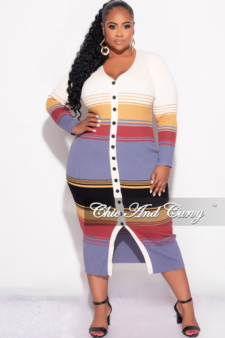 Final Sale Plus Size Button Up Midi Dress in Multi Color Stripe Print