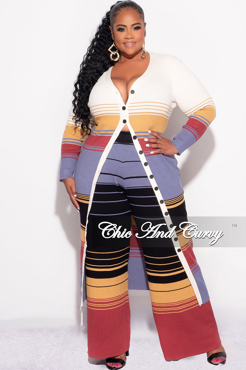 Final Sale Plus Size Ribbed 2pc Button Up Top and Pant Set in Multi Color Stripe Print