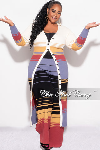 Final Sale Plus Size Ribbed 2pc Button Up Top and Pant Set in Multi Color Stripe Print