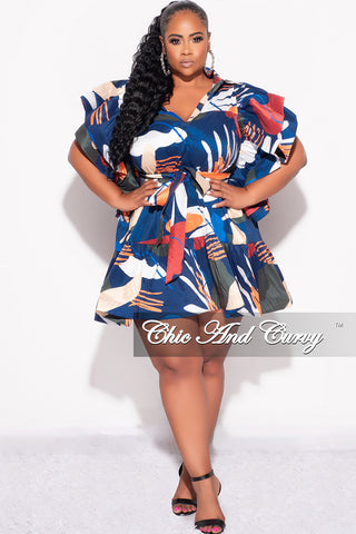 Final Sale Plus Size 3-Tiered Button Up Baby Doll Dress with Flutter Sleeves in Navy Orange and Olive MultiColor Print