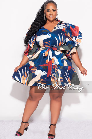 Final Sale Plus Size 3-Tiered Button Up Baby Doll Dress with Flutter Sleeves in Navy Orange and Olive MultiColor Print