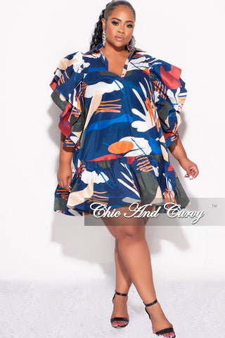 Final Sale Plus Size 3-Tiered Button Up Baby Doll Dress with Flutter Sleeves in Navy Orange and Olive MultiColor Print