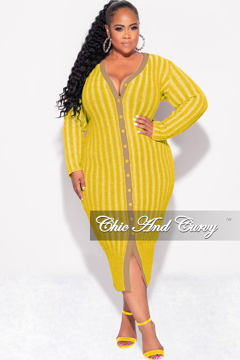 Final Sale Plus Size Collar Button Up Midi Dress in Mustard