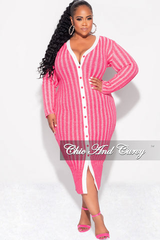 Final Sale Plus Size Collar Button Up Midi Dress in Pink