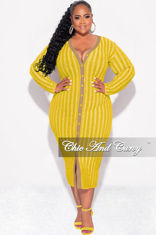 Final Sale Plus Size Collar Button Up Midi Dress in Mustard