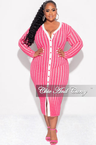 Final Sale Plus Size Collar Button Up Midi Dress in Pink