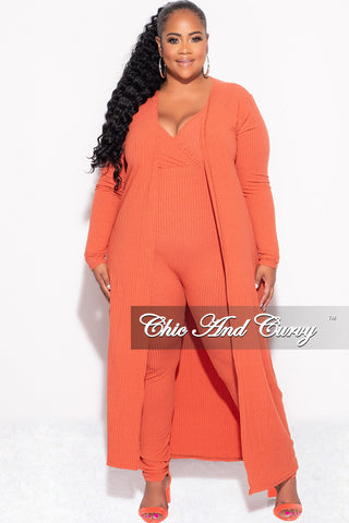 Final Sale Plus Size 2-Piece Ribbed Duster & Spaghetti Strap Jumpsuit Set in Orange