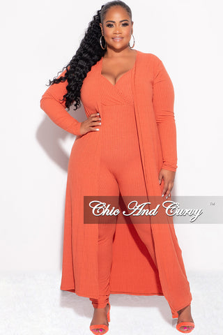 Final Sale Plus Size 2-Piece Ribbed Duster & Spaghetti Strap Jumpsuit Set in Orange