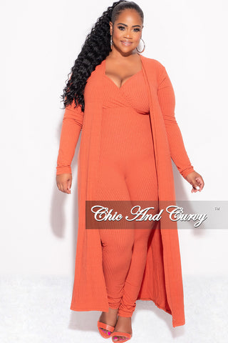 Final Sale Plus Size 2-Piece Ribbed Duster & Spaghetti Strap Jumpsuit Set in Orange