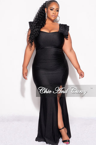 Final Sale Plus Size Shiny Faux Wrap Gown with Slit and Ruffle Layer Sleeves in Black