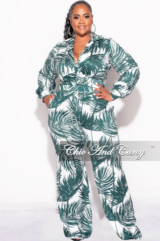 Final Sale Plus Size 2pc Crop Top & Palazzo Pant Set in Green Palm Print