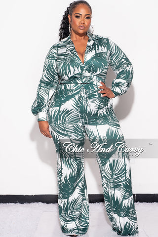 Final Sale Plus Size 2pc Crop Top & Palazzo Pant Set in Green Palm Print