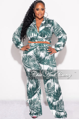 Final Sale Plus Size 2pc Crop Top & Palazzo Pant Set in Green Palm Print