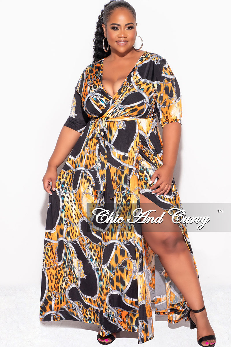 Final Sale Plus Size Deep V Faux Wrap Dress with 3/4 Sleeves in Orange Black Print Final Sale Plus Size Deep V Faux Wrap Dress with 3/4 Sleeves in Orange Black Print