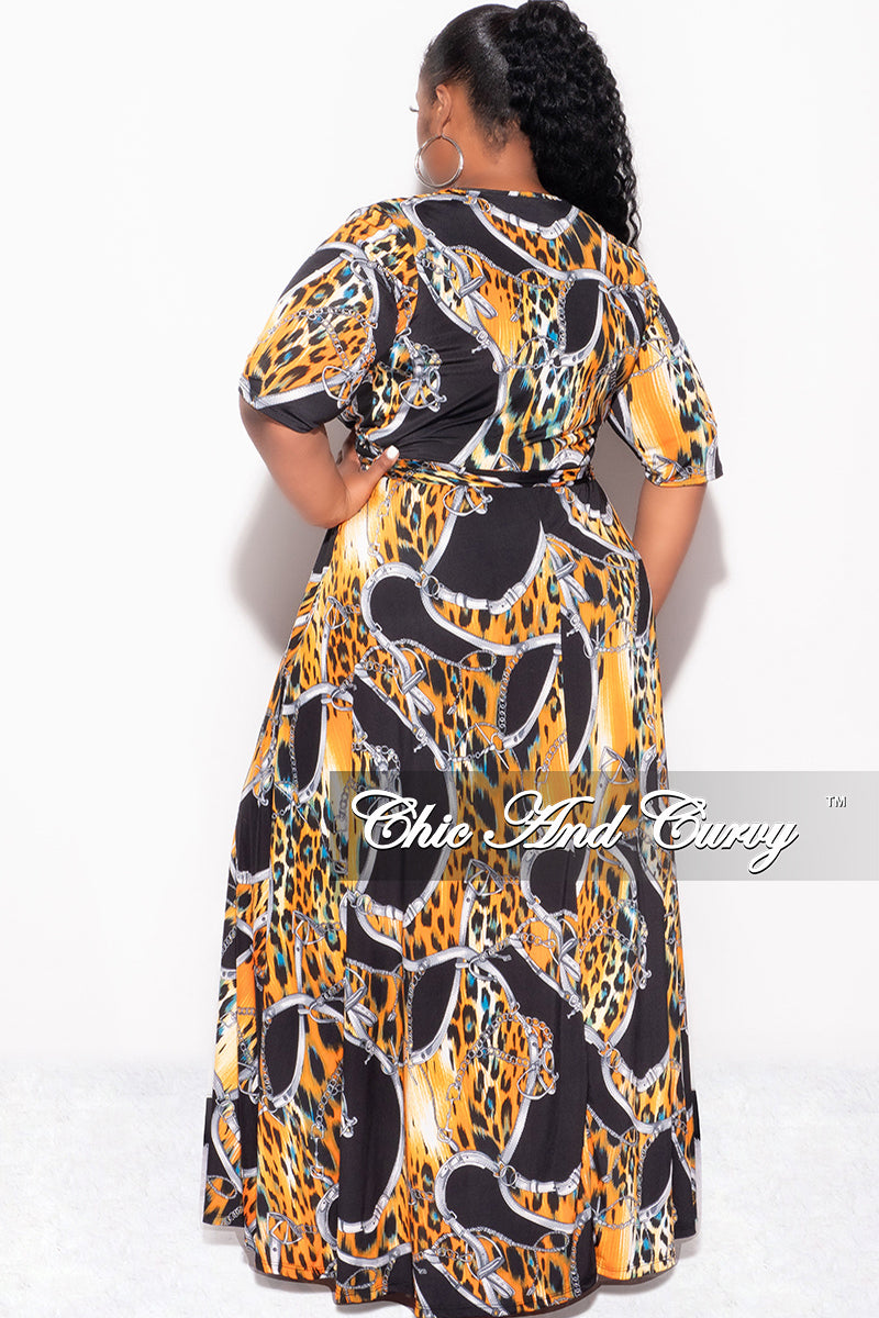 wrap dress sale Final Sale Plus Size Deep V Faux Wrap Dress with 3/4 Sleeves in Orange Black Print