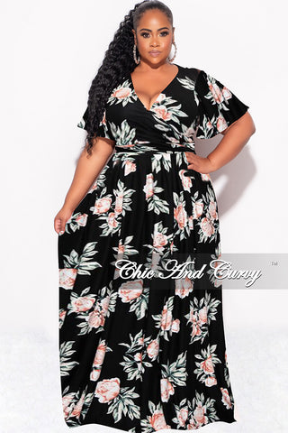 Final Sale Plus Size 2pc Cropped Tie Top and Skirt Set in Black Floral Print