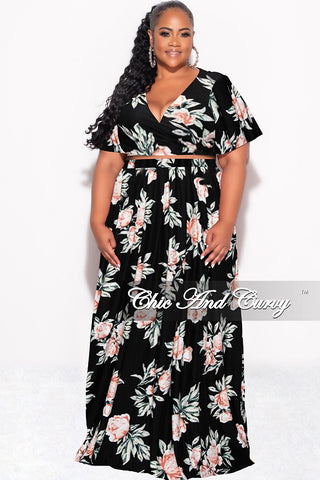 Final Sale Plus Size 2pc Cropped Tie Top and Skirt Set in Black Floral Print