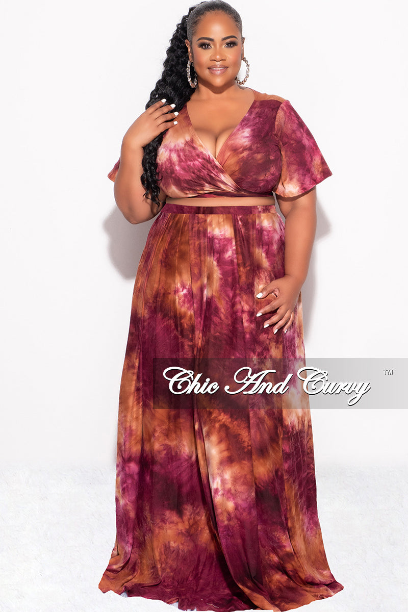 Final Sale Plus Size 2pc Cropped Tie Top and Skirt Set in Burgundy & Orange Tie Summer