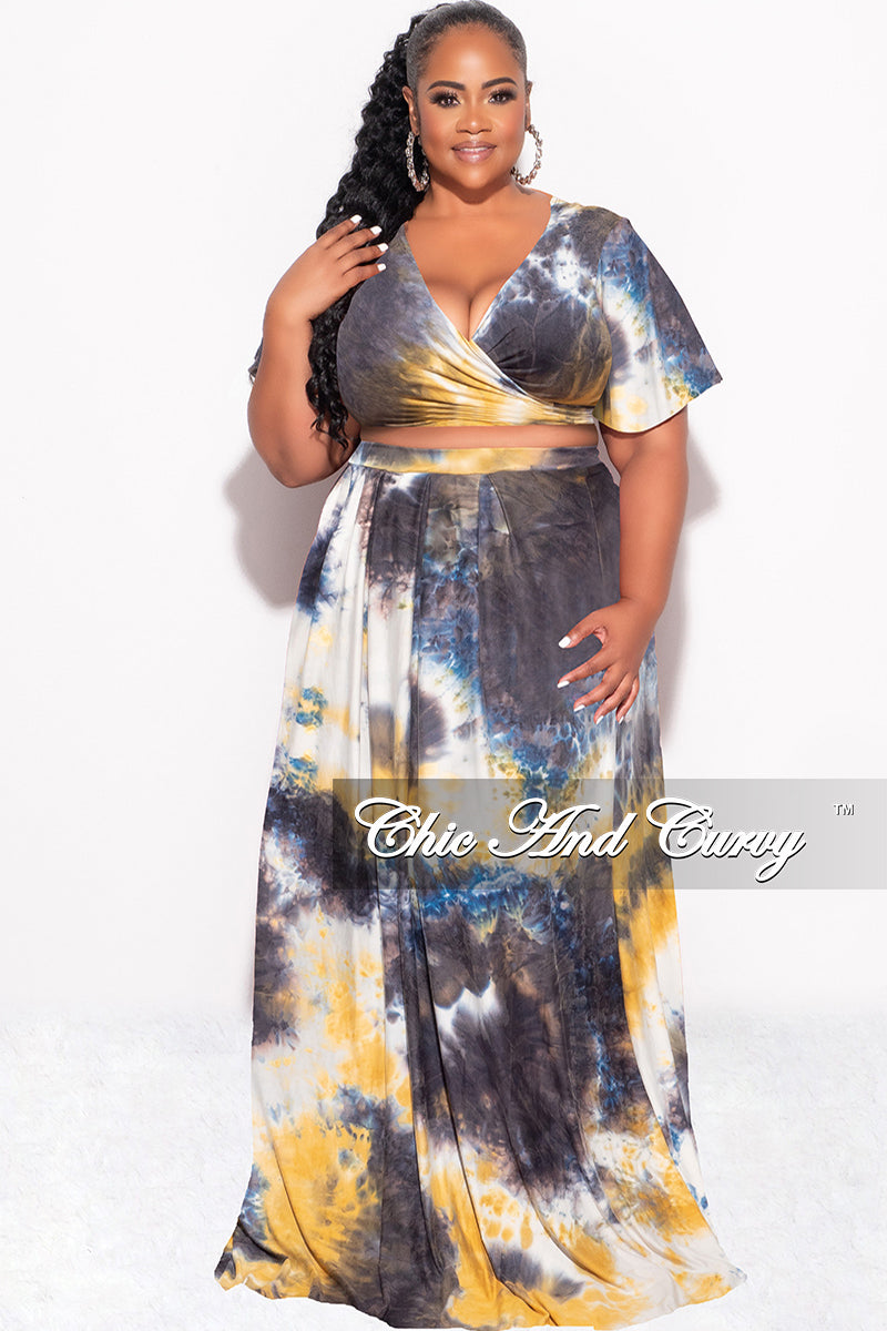 Final Sale Plus Size 2pc Cropped Tie Top and Skirt Set in Navy & Mustard Tie Summer