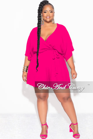 Final Sale Plus Size Faux Wrap Romper with Tie in Fuchsia