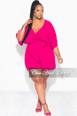 Final Sale Plus Size Faux Wrap Romper with Tie in Fuchsia