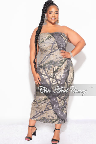 Final Sale Plus Size Color Block Strapless Button Up Dress with Front Slit in Brown and Grey