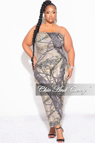 Final Sale Plus Size Color Block Strapless Button Up Dress with Front Slit in Brown and Grey