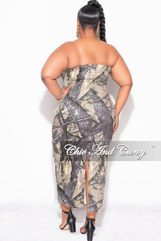 Final Sale Plus Size Color Block Strapless Button Up Dress with Front Slit in Brown and Grey