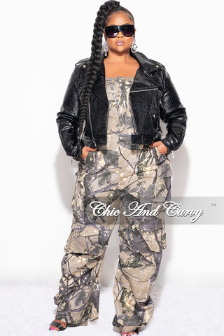 Final Sale Plus Size Heavy Crocodile Cropped & Belted Vegan Leather Jacket in Black