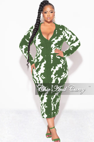 Final Sale Plus Size Button Up Midi Sweater Dress in Olive and Off White Design Print