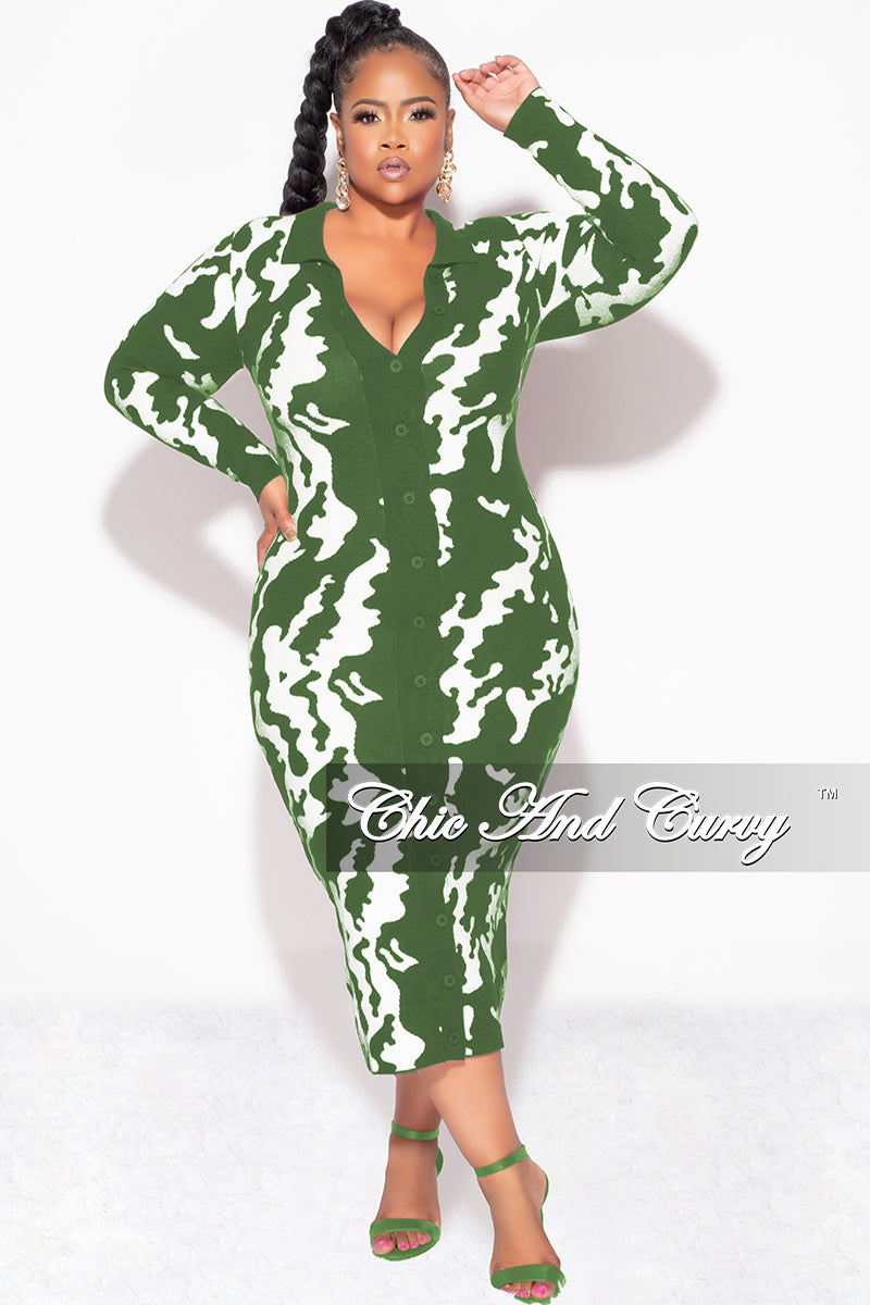 Final Sale Plus Size Button Up Midi Sweater Dress in Olive and Off White Design Print