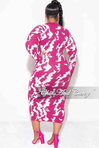 Final Sale Plus Size Button Up Midi Sweater Dress in Pink Fuchsia and Off White Design Print