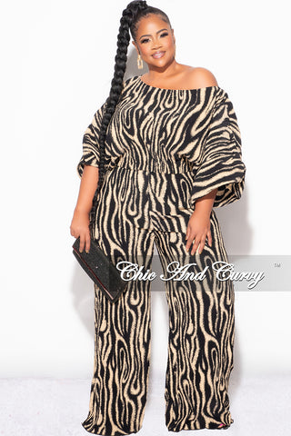 Final Size 2pc Pleated Off the Shoulder Top and Pants Set in Black and Tan