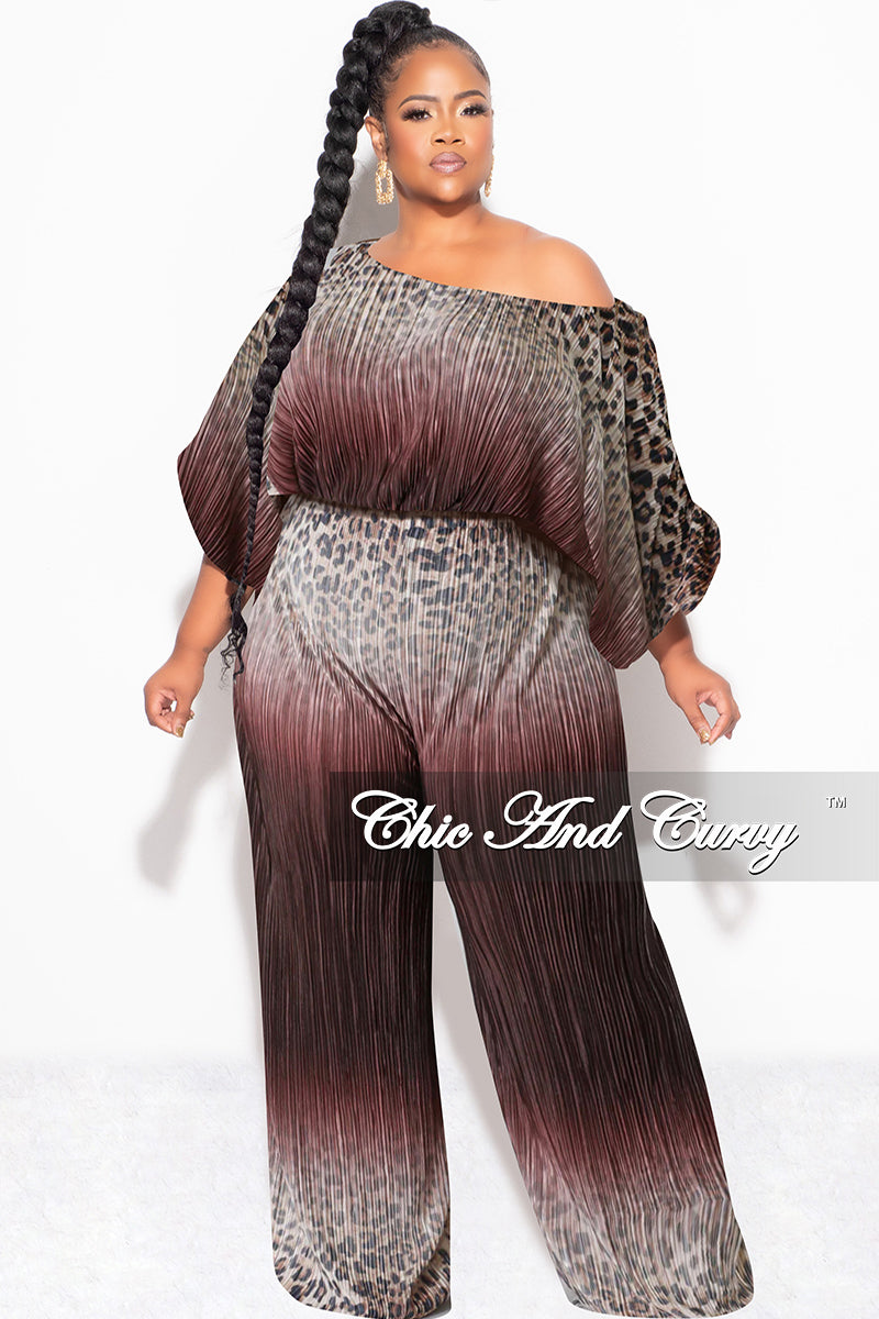 Final Size 2pc Pleated Off the Shoulder ColorBlock Top and Pants Set in Animal Print and Brown