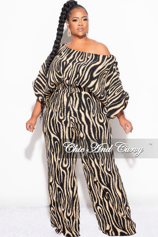 Final Size 2pc Pleated Off the Shoulder Top and Pants Set in Black and Tan