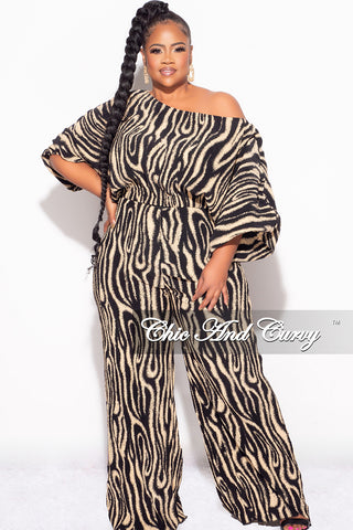 Final Size 2pc Pleated Off the Shoulder Top and Pants Set in Black and Tan