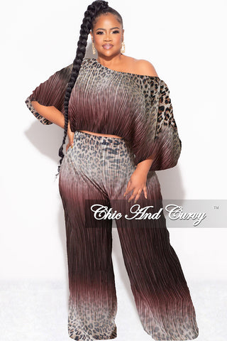 Final Size 2pc Pleated Off the Shoulder ColorBlock Top and Pants Set in Animal Print and Brown