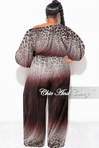 Final Size 2pc Pleated Off the Shoulder ColorBlock Top and Pants Set in Animal Print and Brown