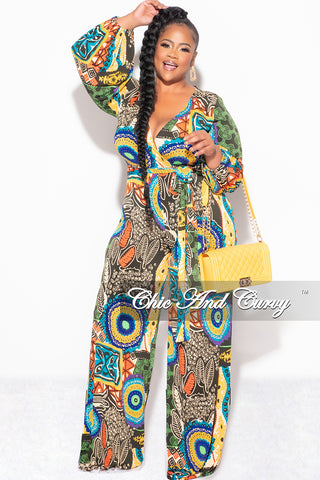 Final Sale Plus Size Faux Wrap Jumpsuit with Waist Tie in Multi Color Design Print